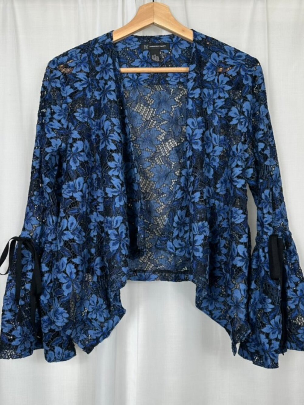 INC Blue Black Floral Lace Bell Sleeve Cardigan Medium Fairy Grunge Whimsigoth